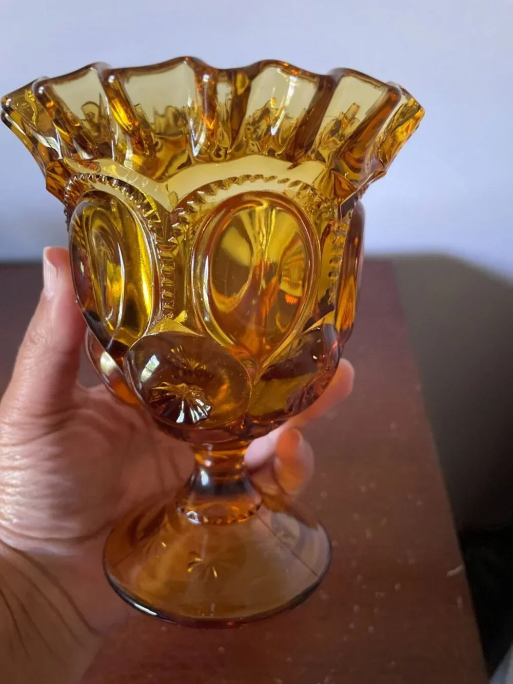 Vintage L.E. Smith Amber Glass Moon and Stars Pedestal Compote Candy Dish crimpe
